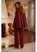 Compleu dama elegant burgundy din tricot premium jacheta tip capa  nasturi aurii curea si pantaloni