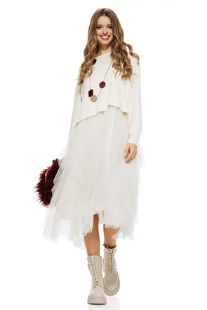 Compleu dama elegant crem cu angora pulover cu funda la spate si fusta de tul cu volane spiralate