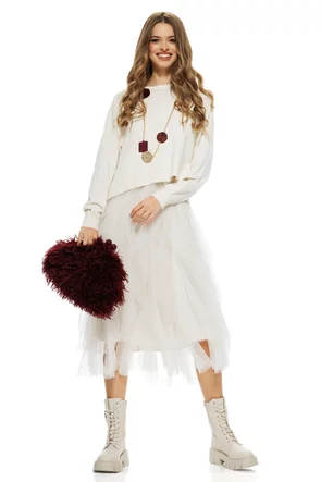 Compleu dama elegant crem cu angora pulover cu funda la spate si fusta de tul cu volane spiralate