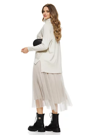 Compleu dama elegant crem cu angora pulover cu paiete si rochie cu fusta de tul plisat