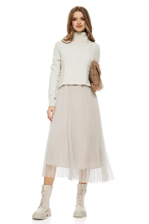 Compleu dama elegant crem cu angora pulover pe gat cu torsade si rochie cu fusta de tull plisat cu buline