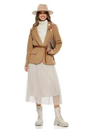 Compleu dama elegant crem cu angora pulover pe gat cu torsade si rochie cu fusta de tull plisat cu buline