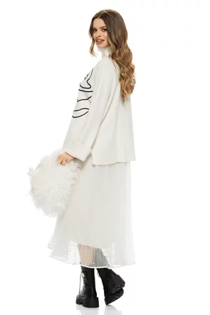 Compleu dama elegant crem cu angora pulover pe gat cu trandafir si rochie cu fusta de tull plisat bordurata