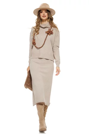Compleu dama elegant din tricot bej premium fusta midi si pulover pe gat