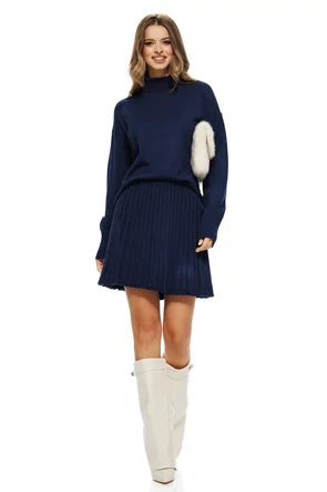 Compleu dama elegant din tricot bleumarin premium fusta mini plisata si pulover pe gat