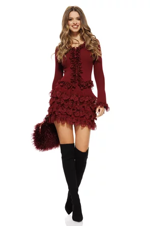 Compleu dama elegant din tricot bordo premium fusta mini si pulover cu volane dantela