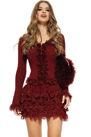 Compleu dama elegant din tricot bordo premium fusta mini si pulover cu volane dantela