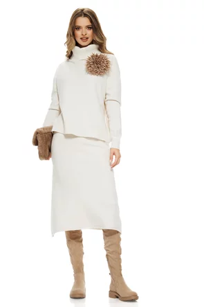 Compleu dama elegant din tricot crem premium fusta midi si pulover pe gat