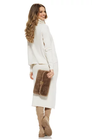 Compleu dama elegant din tricot crem premium fusta midi si pulover pe gat