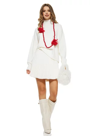 Compleu dama elegant din tricot crem premium fusta mini plisata si pulover pe gat