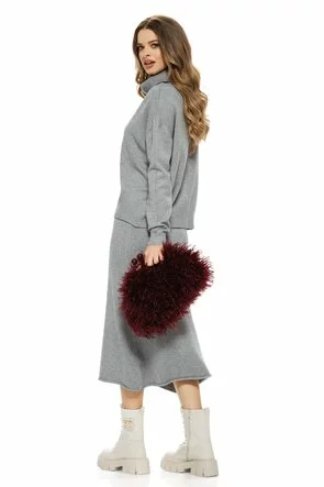 Compleu dama elegant din tricot gri premium fusta midi si pulover pe gat