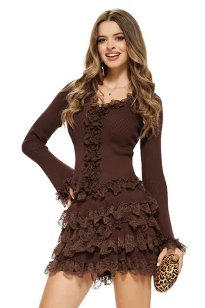 Compleu dama elegant din tricot mocca mouse premium fusta mini si pulover cu volane dantela