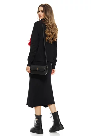 Compleu dama elegant din tricot negru premium fusta midi si pulover pe gat