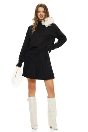 Compleu dama elegant din tricot negru premium fusta mini plisata si pulover pe gat