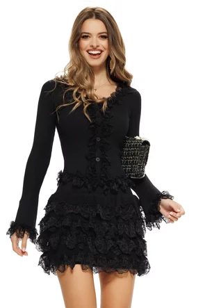 Compleu dama elegant din tricot negru premium fusta mini si pulover cu volane dantela