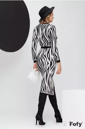 Compleu dama elegant din tricot premium alb cu negru zebra