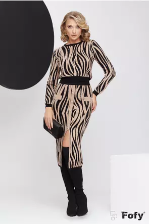 Compleu dama elegant din tricot premium bej cu negru zebra