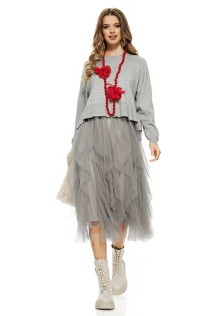 Compleu dama elegant gri cu angora pulover cu funda la spate si fusta de tul cu volane spiralate