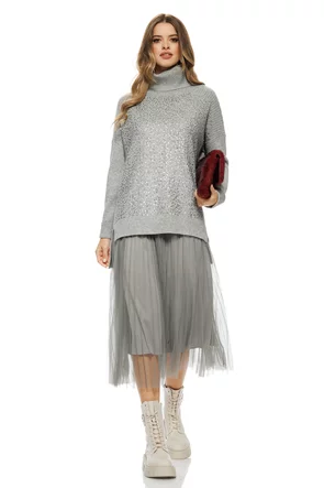 Compleu dama elegant gri cu angora pulover cu paiete si rochie cu fusta de tul plisat