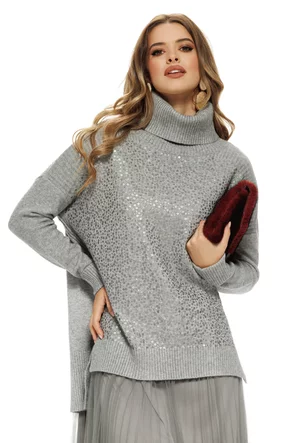 Compleu dama elegant gri cu angora pulover cu paiete si rochie cu fusta de tul plisat