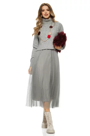 Compleu dama elegant gri cu angora pulover pe gat cu torsade si rochie cu fusta de tull plisat cu buline