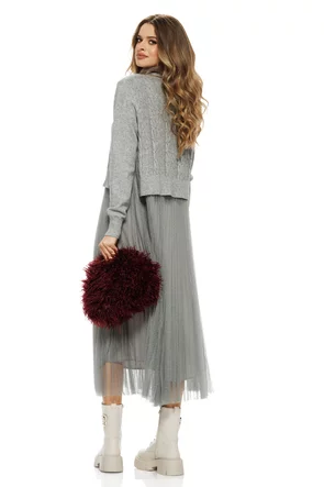 Compleu dama elegant gri cu angora pulover pe gat cu torsade si rochie cu fusta de tull plisat cu buline