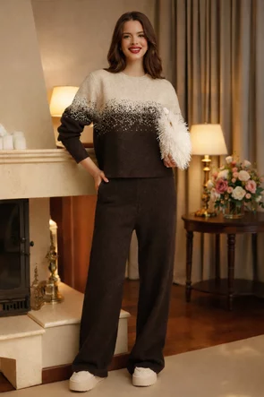 Compleu dama elegant maro din modal cu lana premium gros pantalon cu pulover degrade