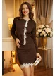 Compleu dama elegant maro premium fusta  si jacheta cu insertii de dantela si nasturi perla
