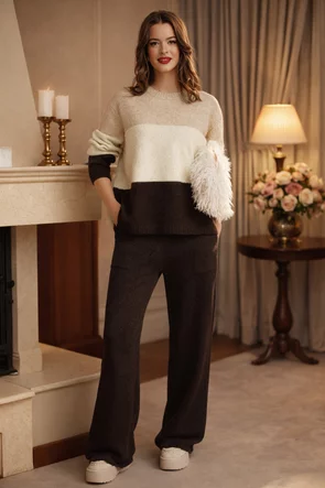 Compleu dama elegant maro premium gros trio chocolatte cu paiete fine si lurex