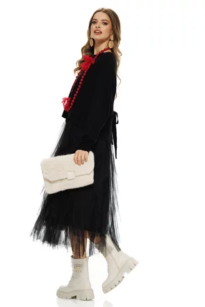 Compleu dama elegant negru cu angora pulover cu funda la spate si fusta de tul cu volane spiralate