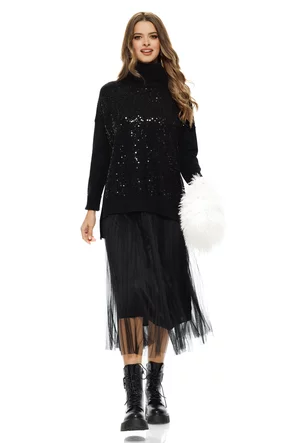 Compleu dama elegant negru cu angora pulover cu paiete si rochie cu fusta de tul plisat