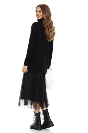 Compleu dama elegant negru cu angora pulover cu paiete si rochie cu fusta de tul plisat
