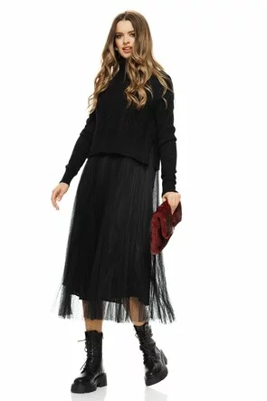 Compleu dama elegant negru cu angora pulover pe gat cu torsade si rochie cu fusta de tull plisat cu buline