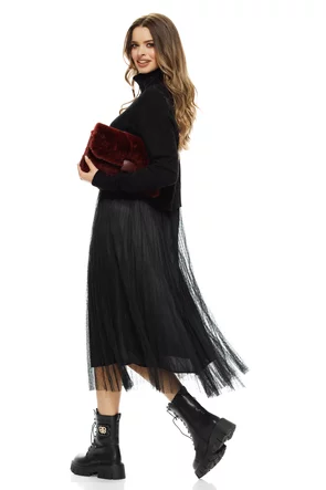 Compleu dama elegant negru cu angora pulover pe gat cu torsade si rochie cu fusta de tull plisat cu buline