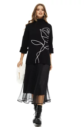 Compleu dama elegant negru cu angora pulover pe gat cu trandafir si rochie cu fusta de tull plisat bordurata