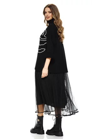 Compleu dama elegant negru cu angora pulover pe gat cu trandafir si rochie cu fusta de tull plisat bordurata