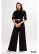 Compleu dama elegant negru cu bluza din dantela brodata si pantalon cu centura aurie