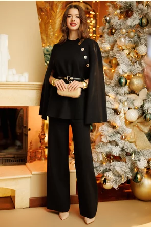 Compleu dama elegant negru din tricot premium jacheta tip capa cu capse nasturi aurii curea si pantaloni