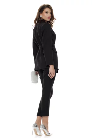 Compleu dama elegant negru sacou cu revere si cordon pantalon conic