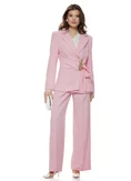 Compleu dama elegant roz cu fronseuri in talie accesoriu auriu pantalon wide cu pense picture - 1