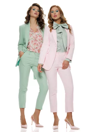 Compleu dama elegant verde menta sacou cu revere si cordon pantalon conic