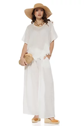 Compleu dama premium alb din in 100% supersoft bluza cu insertie de dantela