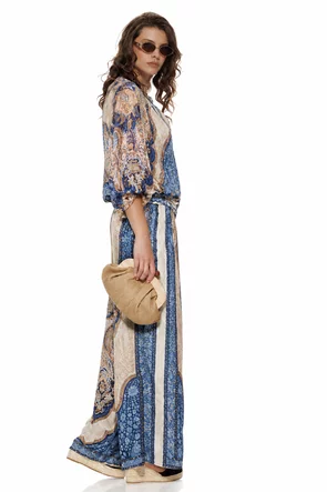 Compleu dama premium bleumarin din matase naturala si vascoza satinata imprimeu luxury paisley