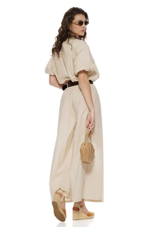 Compleu dama premium din bumbac bej natur supersoft bluza cu colier si pantalon larg cu centura