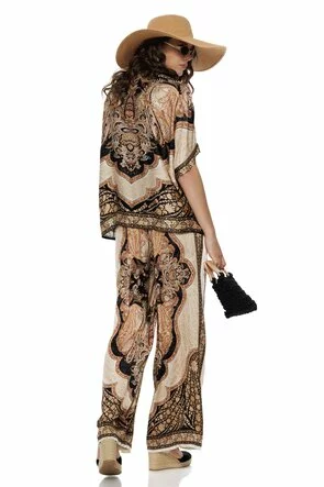 Compleu dama premium din matase naturala si vascoza satinata imprimeu luxury boho-paisley