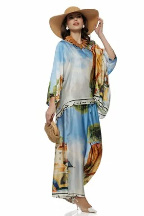 Compleu dama premium din matase naturala si vascoza satinata pantalon si bluza imprimeu bleu