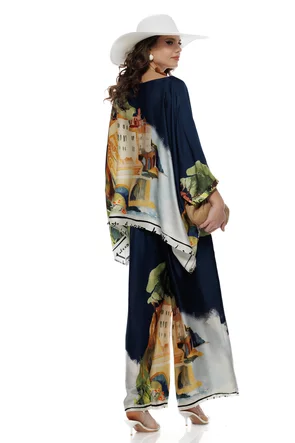 Compleu dama premium din matase naturala si vascoza satinata pantalon si bluza imprimeu bleumarin