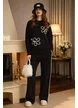 Compleu dama premium negru cu pantalon si pulover cu flori cu paiete