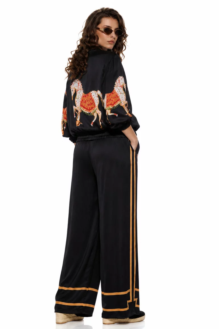Compleu dama premium negru din matase naturala si vascoza satinata imprimeu cal bohemian picture - 2