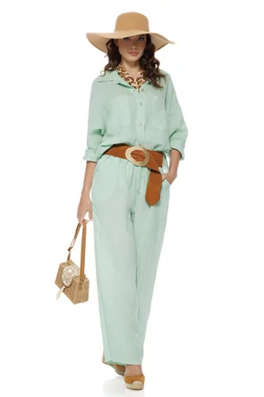 Compleu dama premium verde menta din in 100% camasa si pantalon